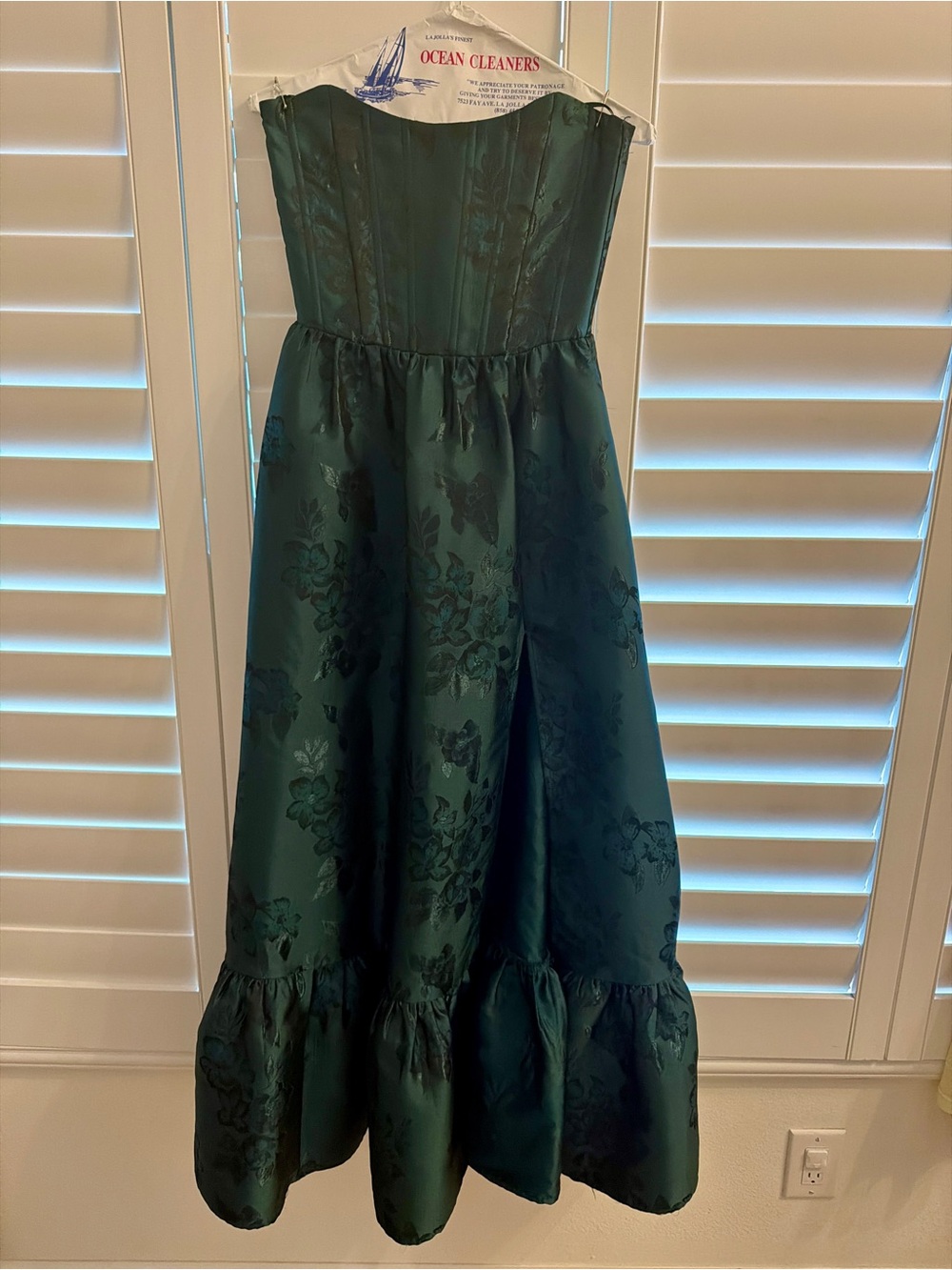 V. Chapman Charlotte Dress Strapless Dark Green Jacquard Gown with High Slit - Picture 3 of 7
